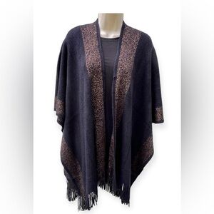 Kollie More Black Gold Glitter Open Front Wrap Shawl Poncho Fringe One Size NWOT